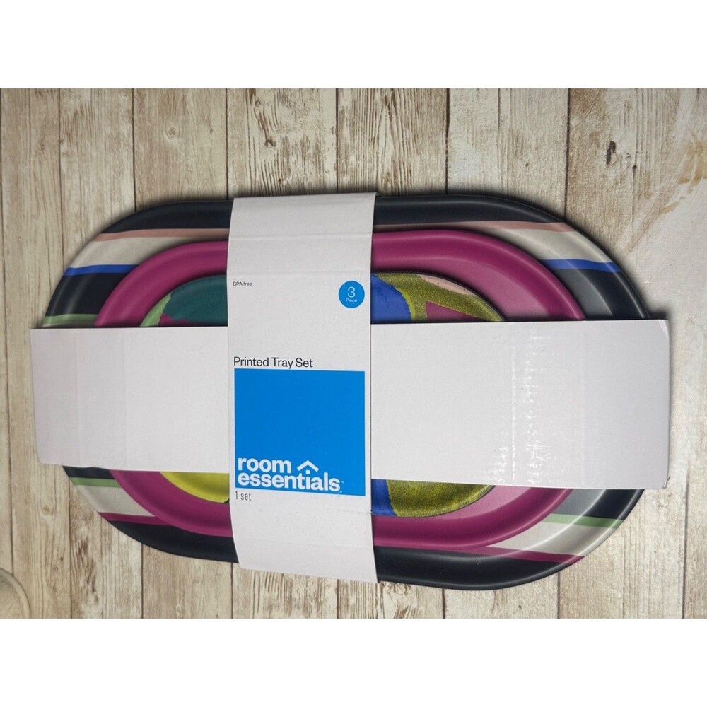 Printed Melamine Tray Set Black Multicolor Room Essentials NEW 3pk 8-13"×5-8"×5